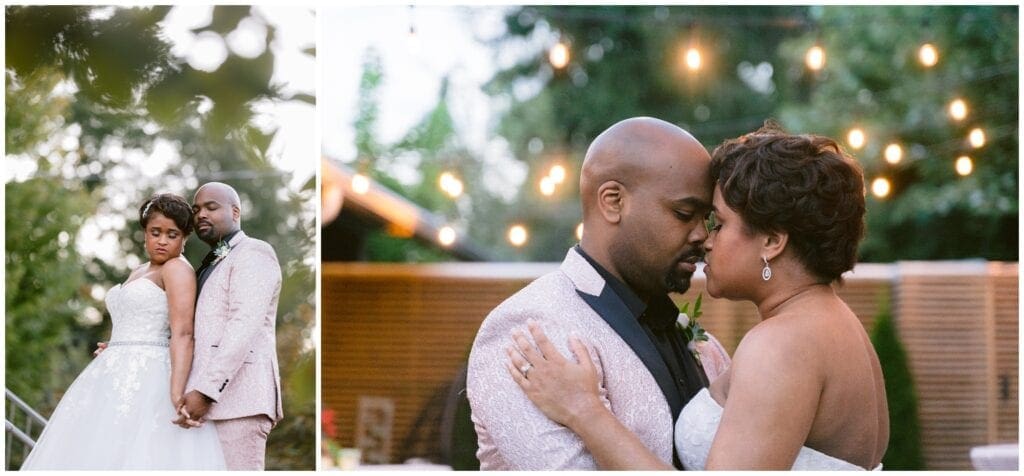 The bride and groom take portraits under string lights at their intimate dinner party wedding at Ambrose west.