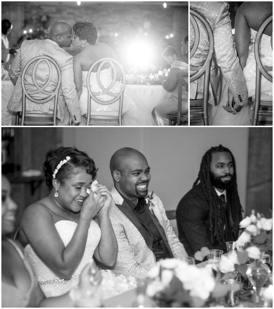 The bride and groom cry and laugh together during toasts at their intimate dinner party.