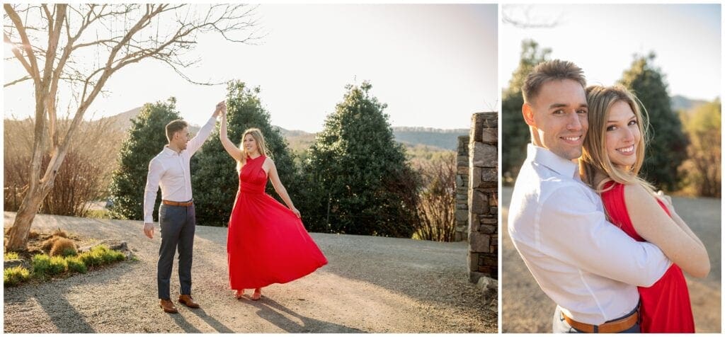 The couple changed into formal attire with a long red dress twirling.