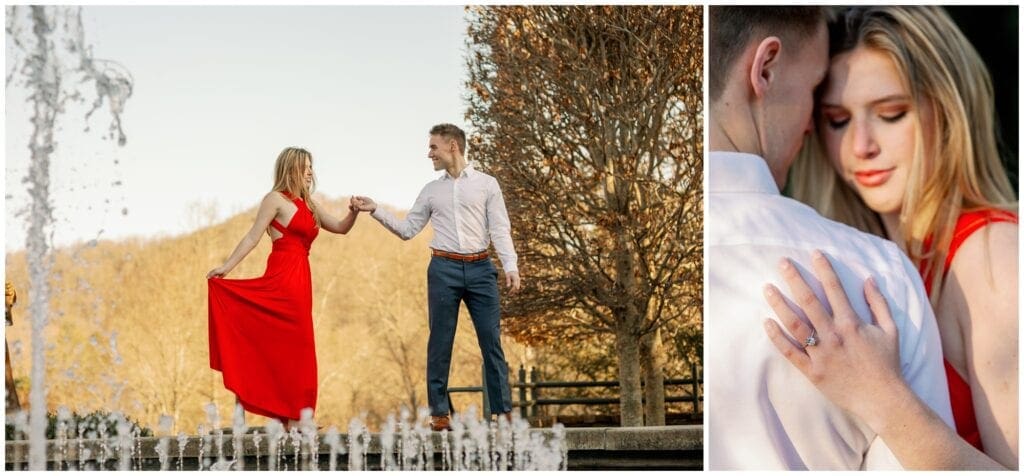 Image of the engagement ring hand on his shoulder, along with them walking along the edge of a fountain.