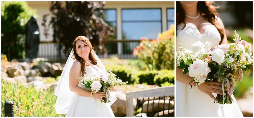 Bridal portrait on her wedding day with a pink and white bridal bouquet.