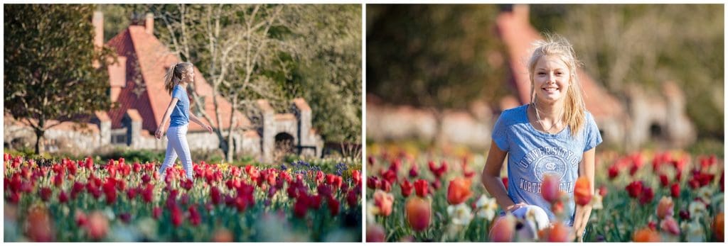Senior portraits in a field of red tulips |  Asheville NC Senior Photographer | Kathy Beaver Photography