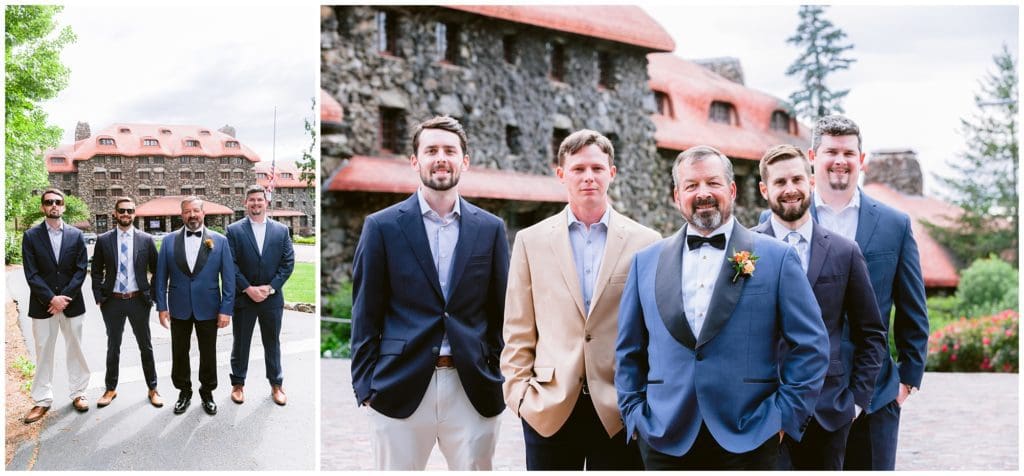 The groom and his three groomsmen together at the Omni Grove Park Inn.