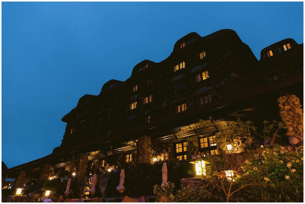 Night photo of the exterior of the Omni Grove Park Inn | Asheville Wedding Photographer