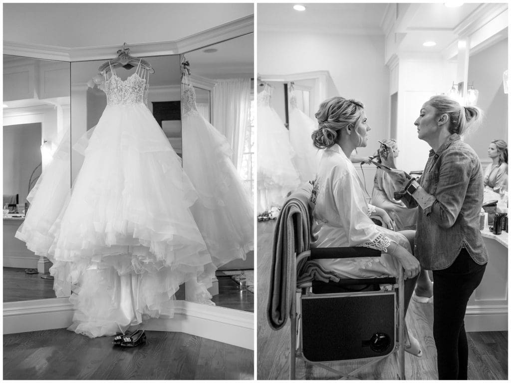 Black and white getting ready photos of the bride on her wedding day.