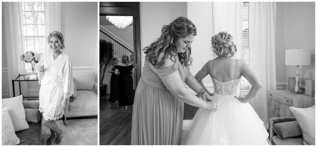 The mother of the bride helps zip up the bride's wedding dress for her wedding day at Honeysuckle Hill.