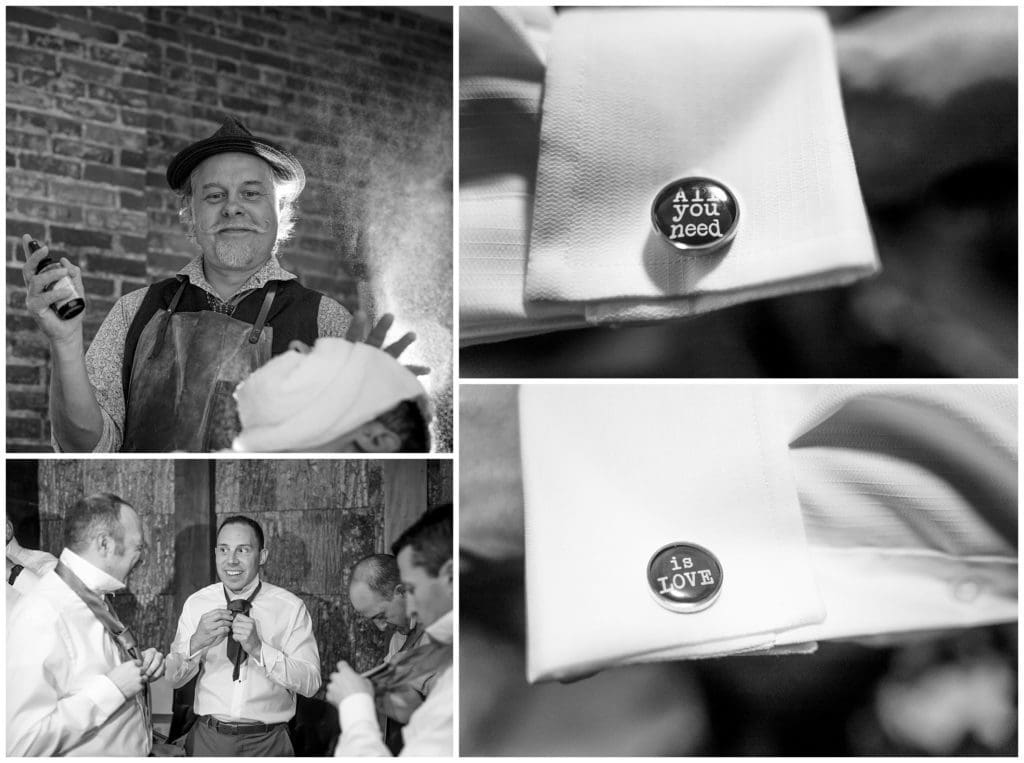 Groom getting ready with Beatles Inspired cuff links that say all you need is love.