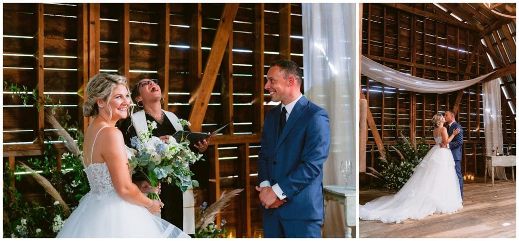 Indoor barn ceremony at Honeysuckle Hill in Asheville, NC where the bride and groom share their first kiss.