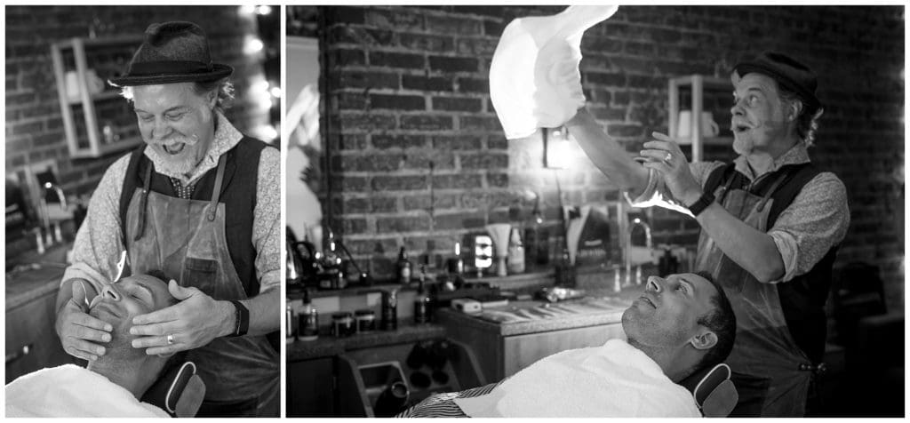 The groom goes to the barber shop before his wedding in Asheville.