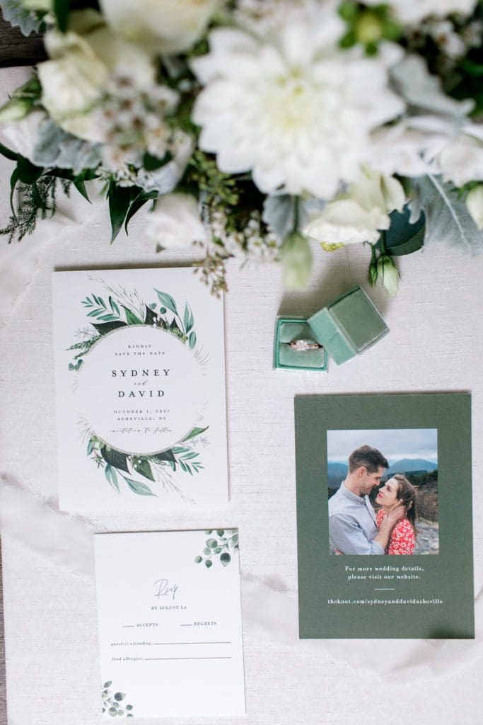 Green and white wedding invitations for Sydney and David with flowers | Kathy Beaver Photography | Asheville Wedding Photographer
