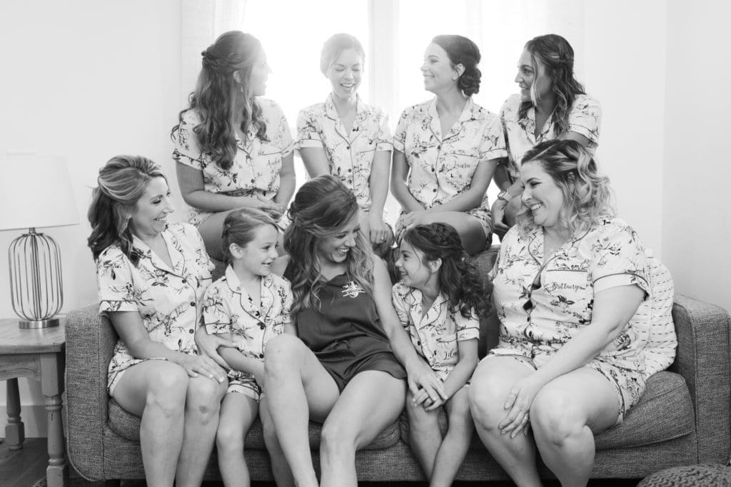 Black and white photo of the bride and her bridesmaids in matching pajamas | Kathy Beaver Photography | Asheville Wedding Photographer
