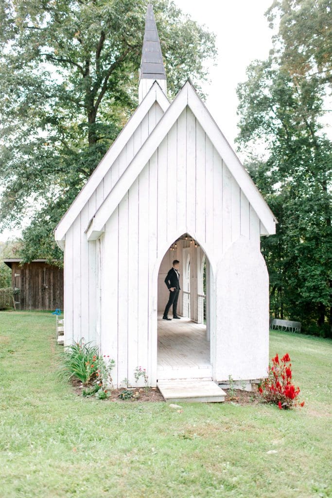 The coop is a small white chapel at The Farm | Kathy Beaver Photography | Asheville Wedding Photographer
