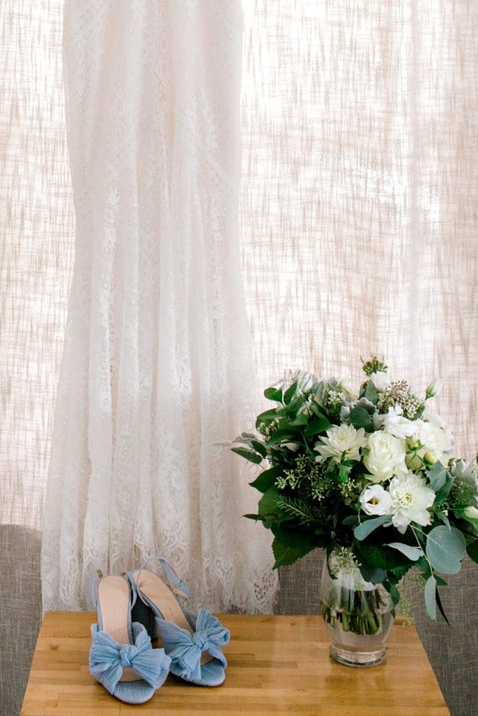 Blue bridal shoes with a green and white bridal bouquet | Kathy Beaver Photography | Asheville Wedding Photographer