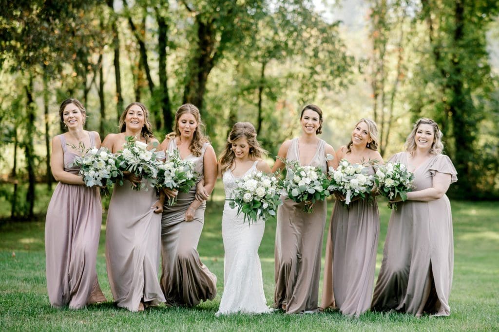 The bride with her bridesmaids in mauve dresses | Kathy Beaver Photography | Asheville Wedding Photographer