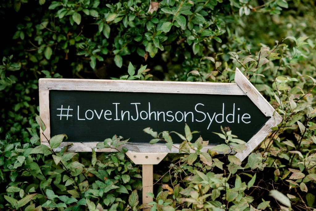 A sign with #LoveInJohnsonSyddie | Kathy Beaver Photography | Asheville Wedding Photographer