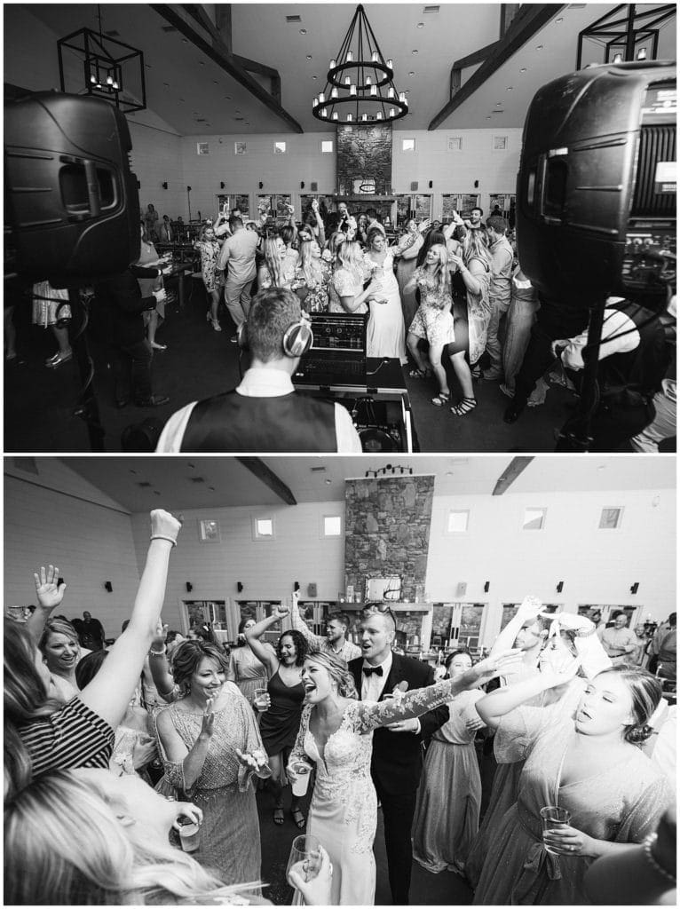 Black and white photo of couple and guests dancing and having fun. Reception at Chestnut Ridge