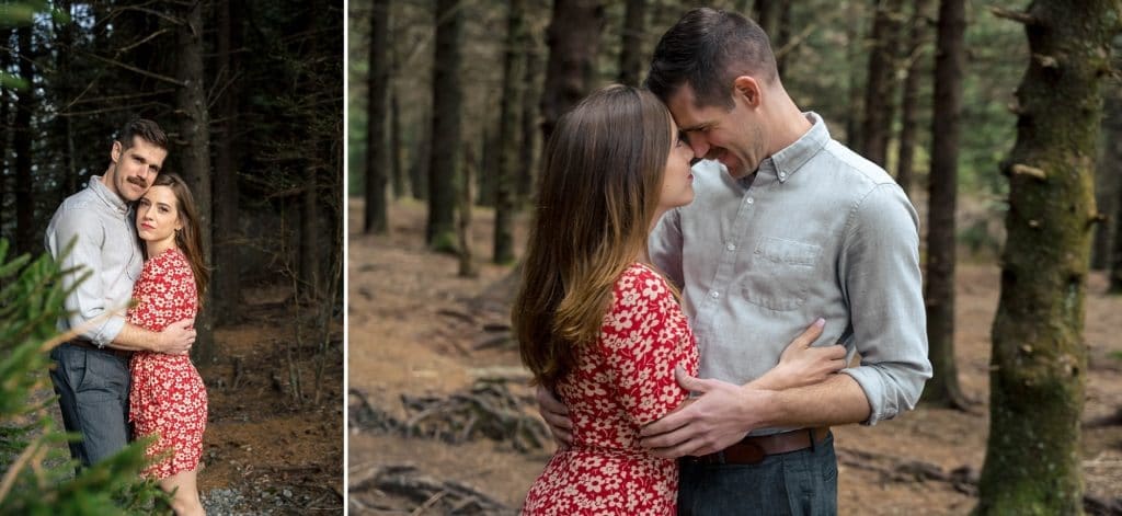 Sydney wore a red floral dress for engagement photos at Black Balsam | Asheville Engagement Photographer