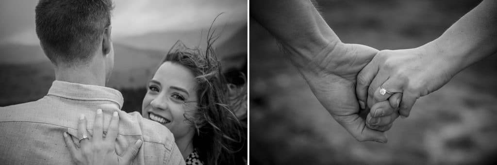 Black and white photos of Sydney wearing her solitaire engagement ring  | Asheville Engagement Photographer
