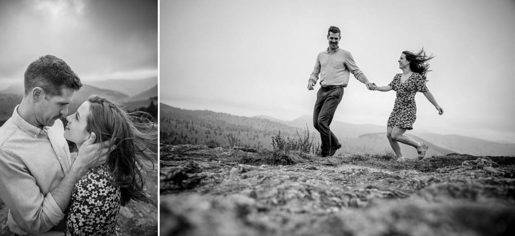 Black and white photos with the wind blowing her hair on Black Balsam Mountain  | Asheville Engagement Photographer