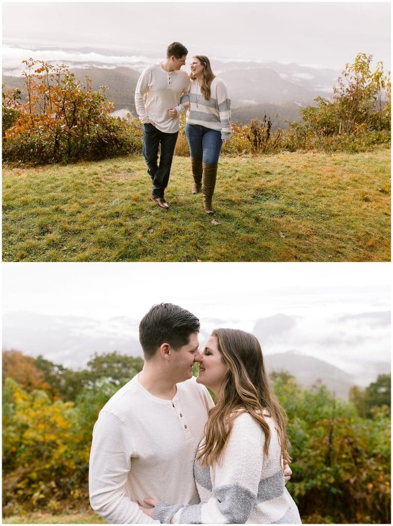Fall engagement session wearing sweaters and jeans, with a view of the blue ridge parkway mountains at sunrise | Asheville Wedding Photographer