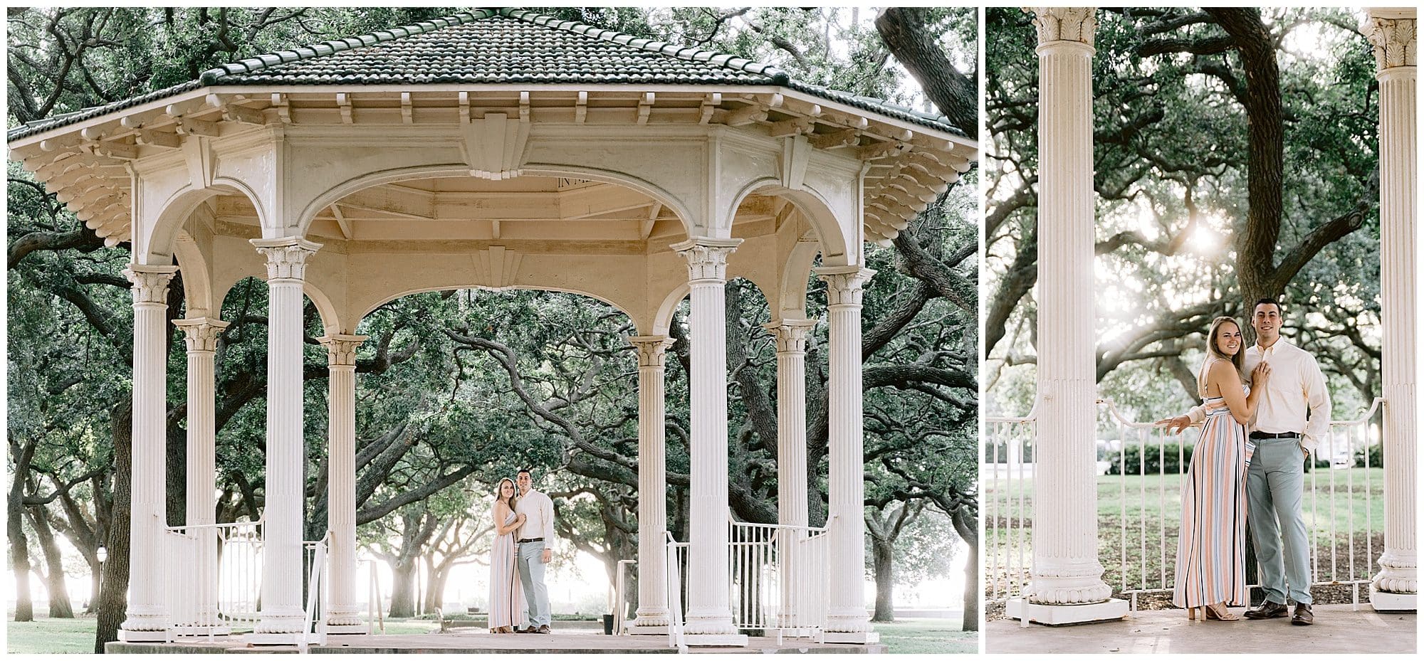 A summer engagement session in Charleston, SC in a gazebo taken by Kathy Beaver Photography, a Charleston engagament photographer.