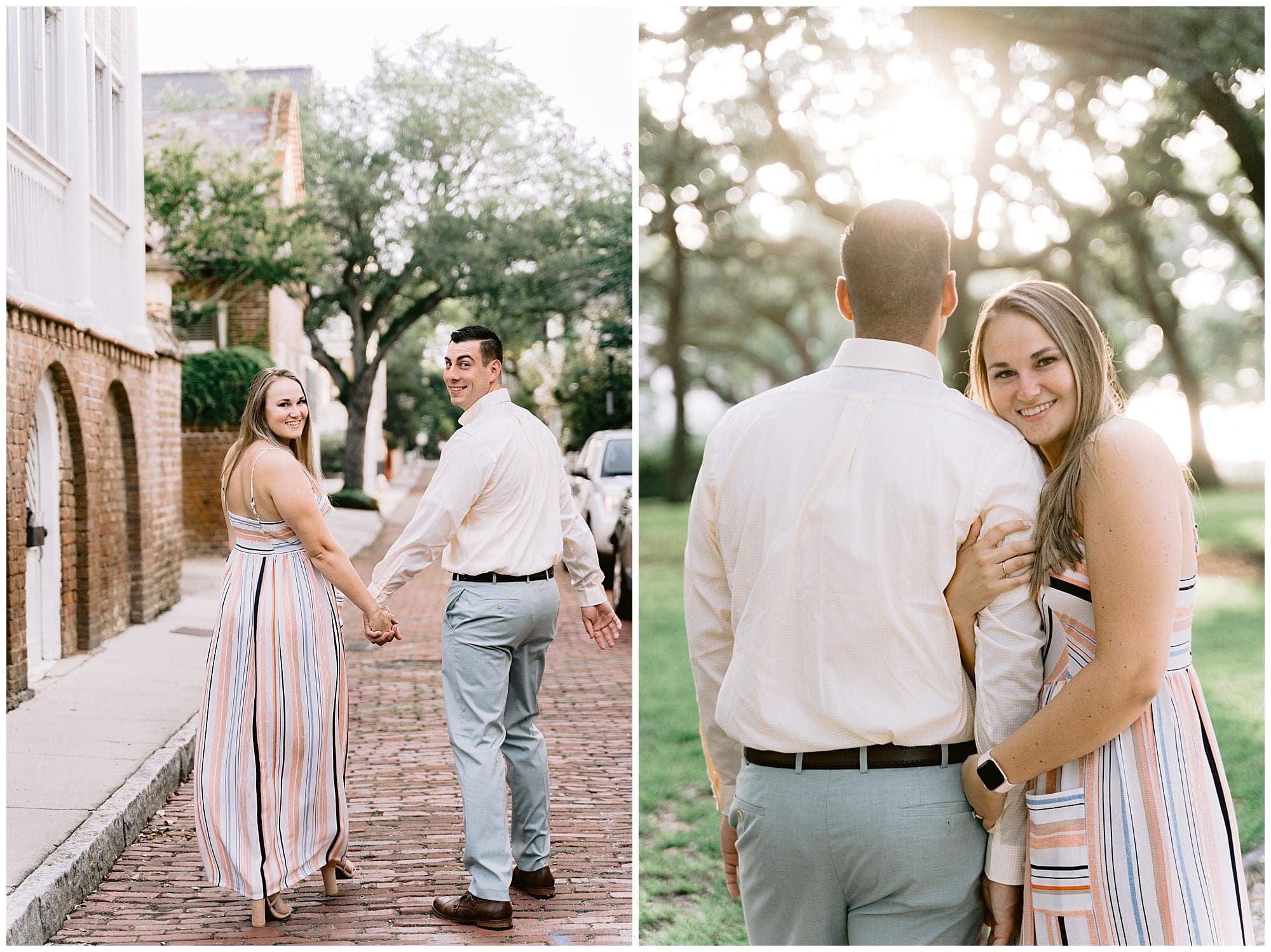 Couple holding hands, walking in downtown Charleston, SC for their engagement session by Kathy Beaver Photography, an engagement photographer in Charleston, South Carolina.