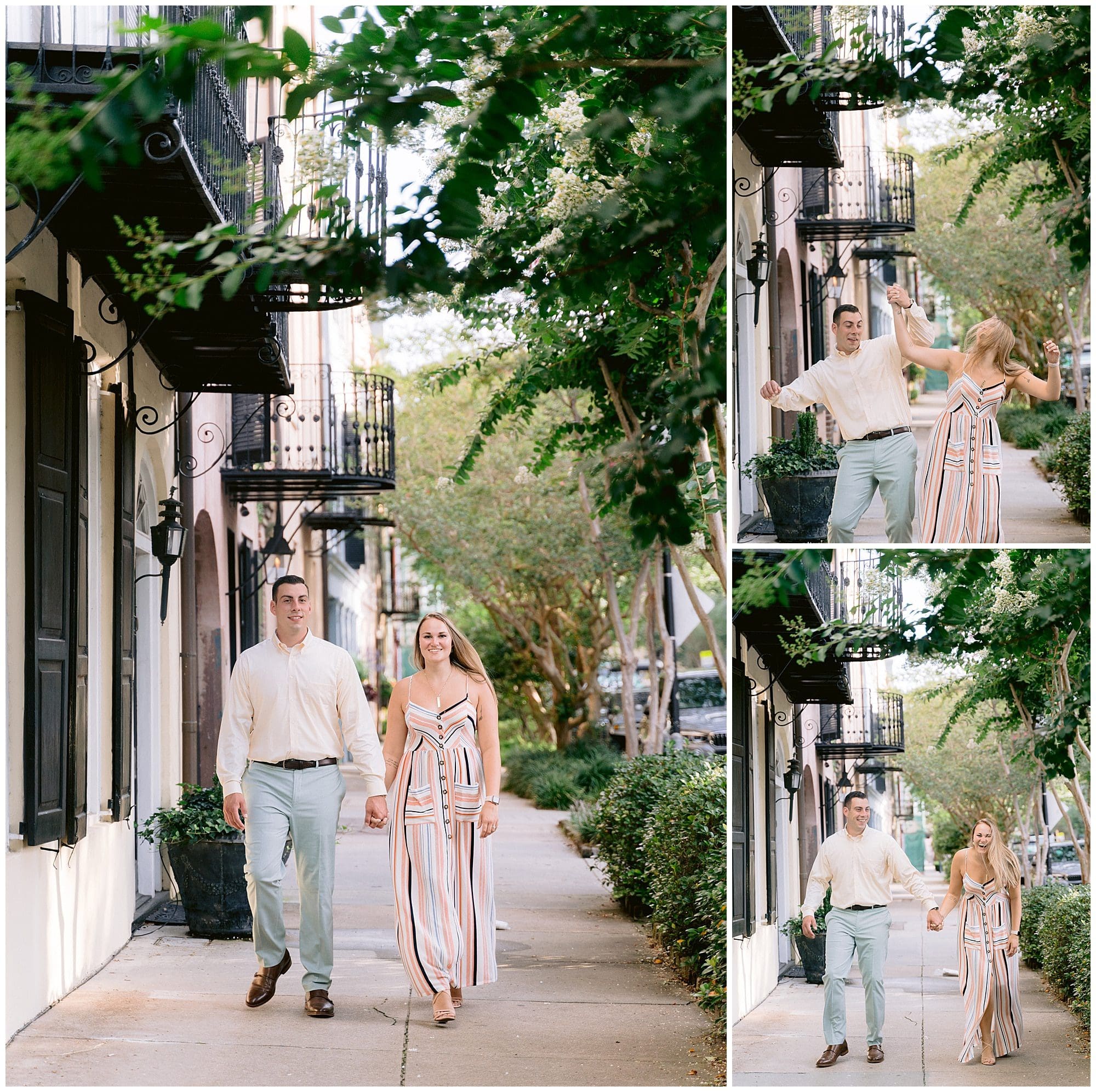 Couple walking in Charleston for their summer engagement pictures taken by Kathy Beaver Photography, a South Carolina wedding and engagement photographer.