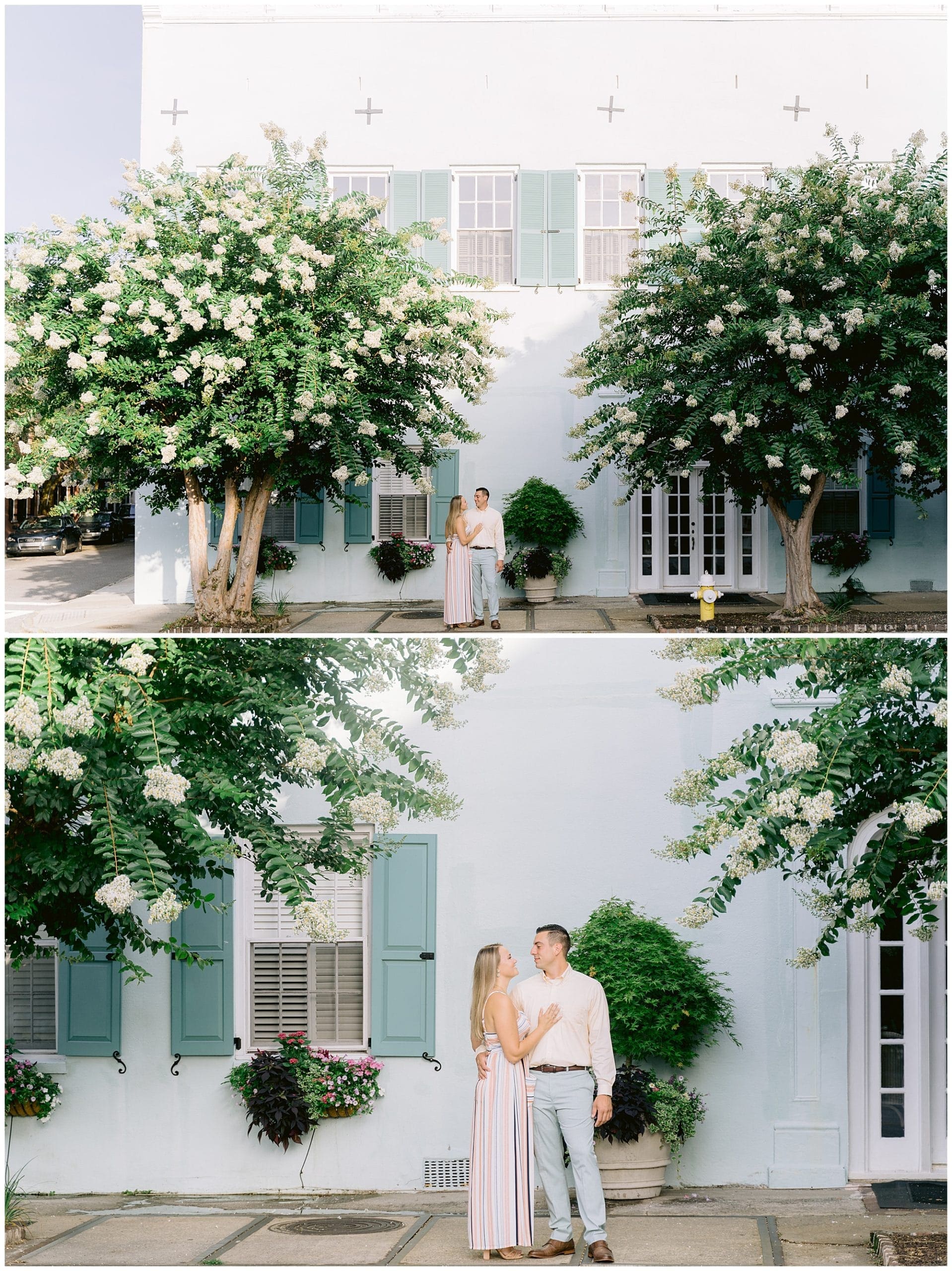 Engagement pictures in front of colorful home in Charleston, South Carolina taken by Kathy Beaver Photography, a Charleston wedding photographer.