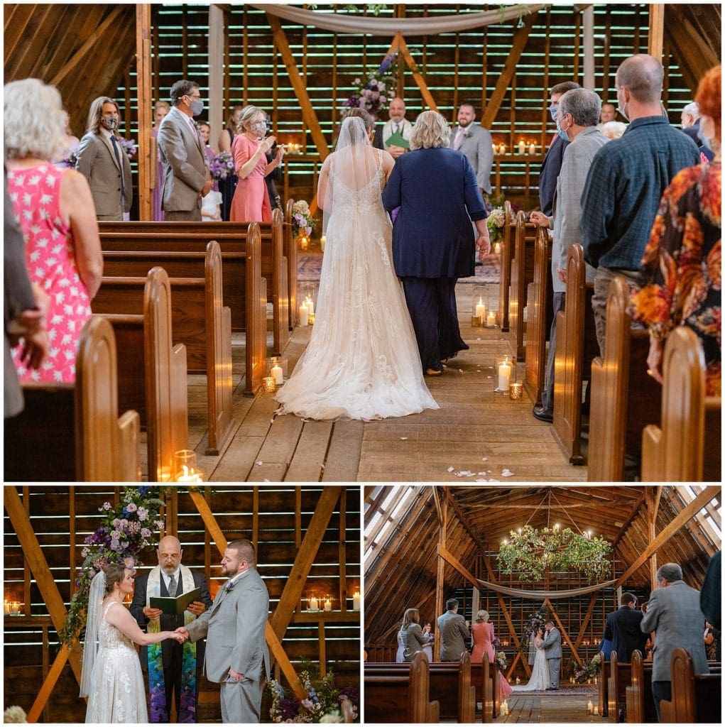 The bride and her mother walk down the aisle with candles along the aisle at Honeysuckle Hill  | Asheville Wedding Photographer