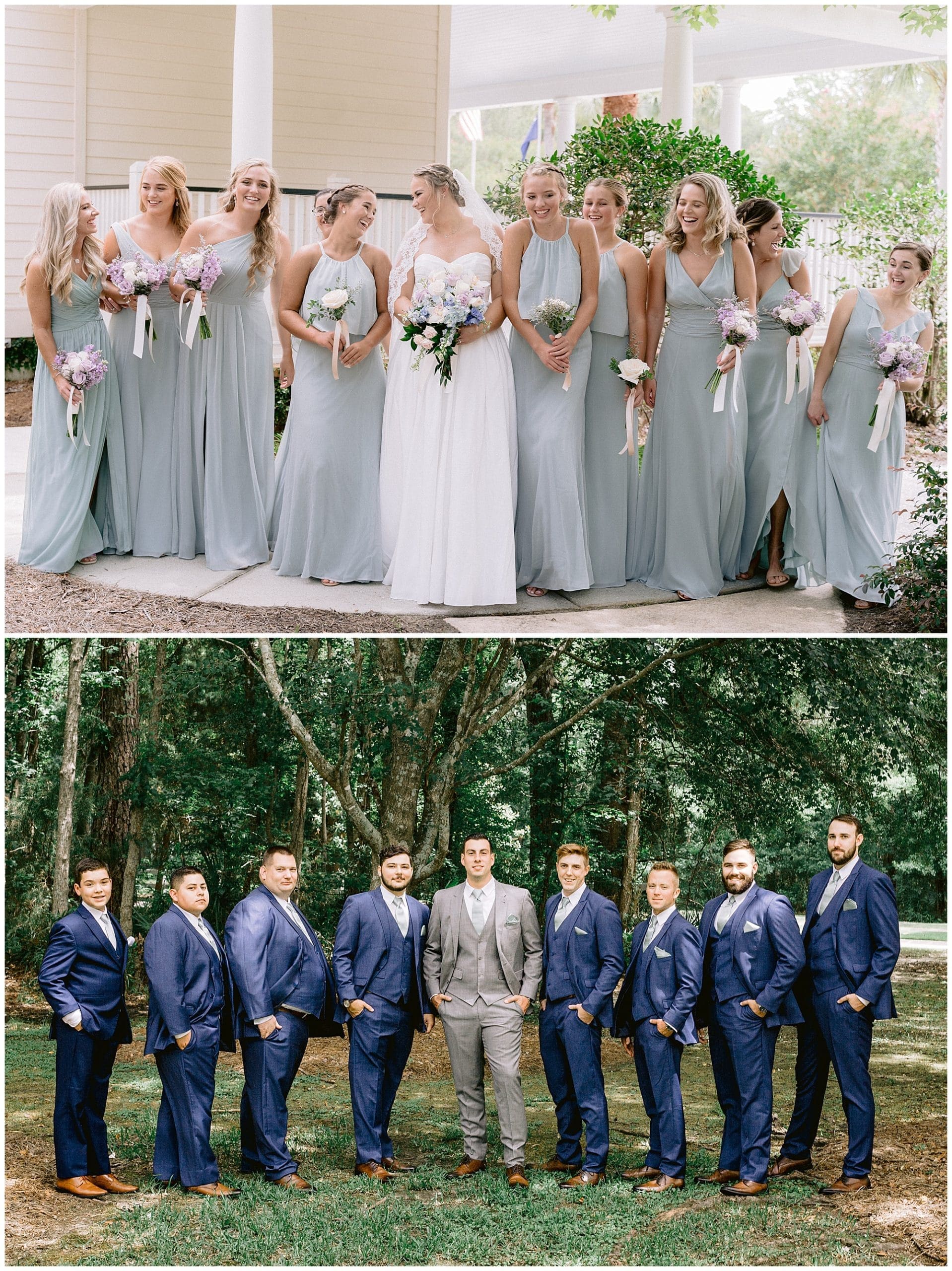 Bride and Bridesmaids and groom and groomsmen at the Exchange wedding venue in Charleston, SC