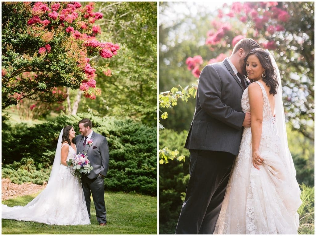 Romantic bride and groom portraits with pink and purple flowers at Honeysuckle Hill | Asheville Wedding Photographer