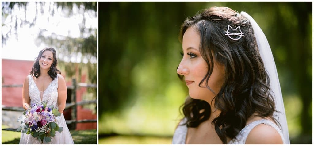 Bridal portraits at Honeysuckle Hill featuring a cat shaped hair clip | Asheville Wedding Photographer