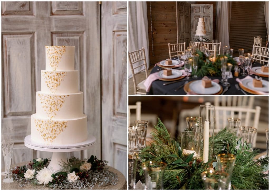 A winter wedding cake with four tiers and gold detailing  | Asheville Wedding Photographer