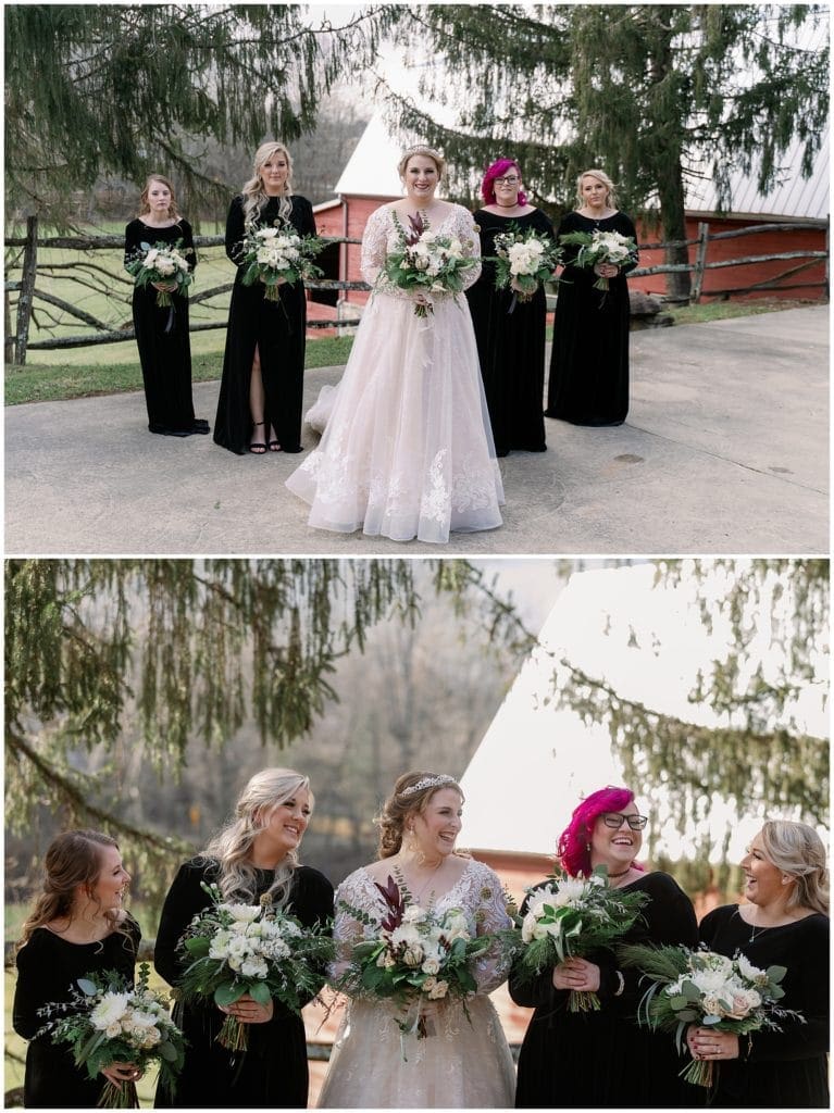 The bride and her bridesmaids wearing long-sleeves with beautiful winter bouquets  | Asheville Wedding Photographer