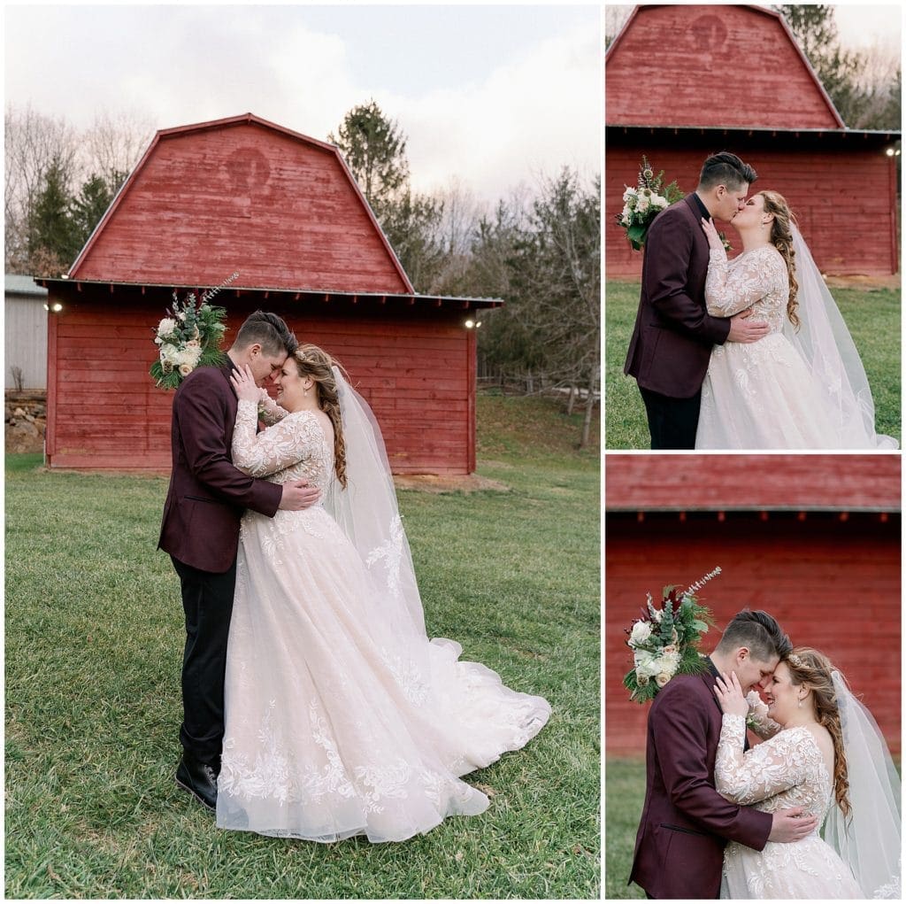 Winter wedding photos at honeysuckle Hill, a red rustic barn in Asheville  | Asheville Wedding Photographer