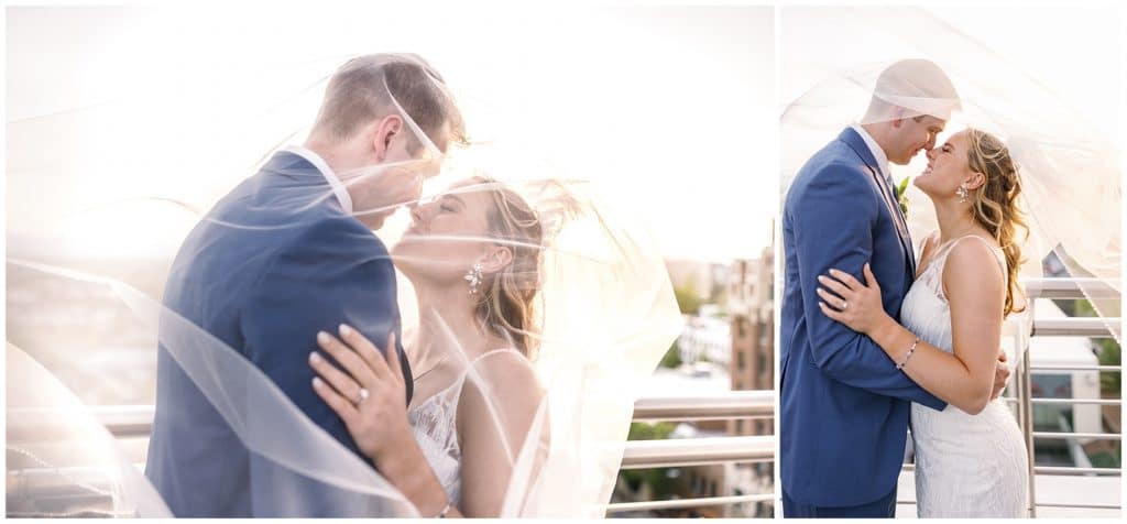 sunset photos of bride and groom under veil
