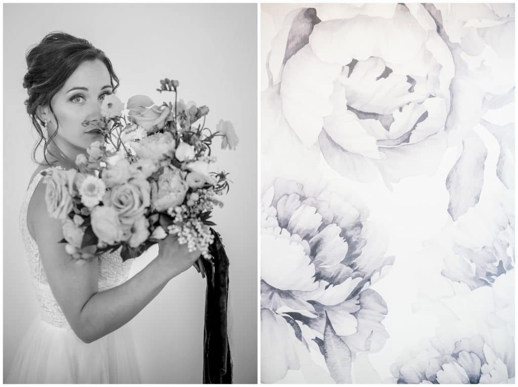 Black and white photo of wallpaper at getting ready area and photo of bride holding her flowers.