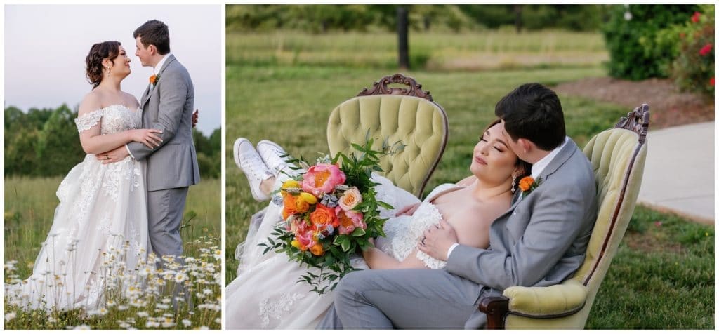 bride and groom cuddle and bride wears Converse sneakers