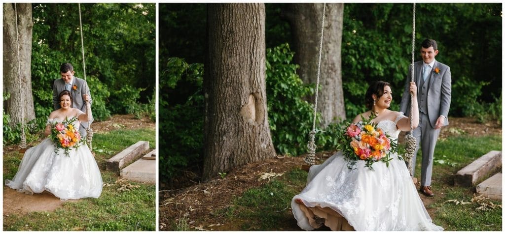 groom pushes bride on tree swing at charlotte wedding