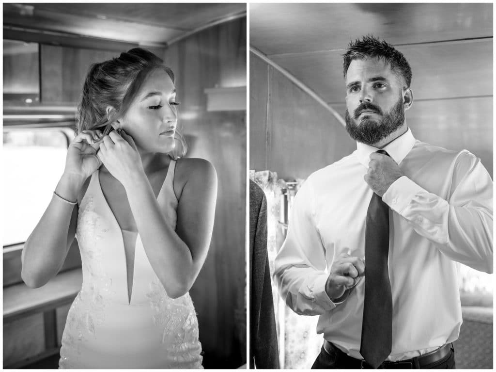black and white photo of bride and groom getting ready