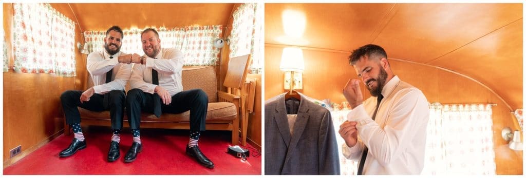 Groom and Groomsmen hanging out in the camper at Junebug Retro Resort.