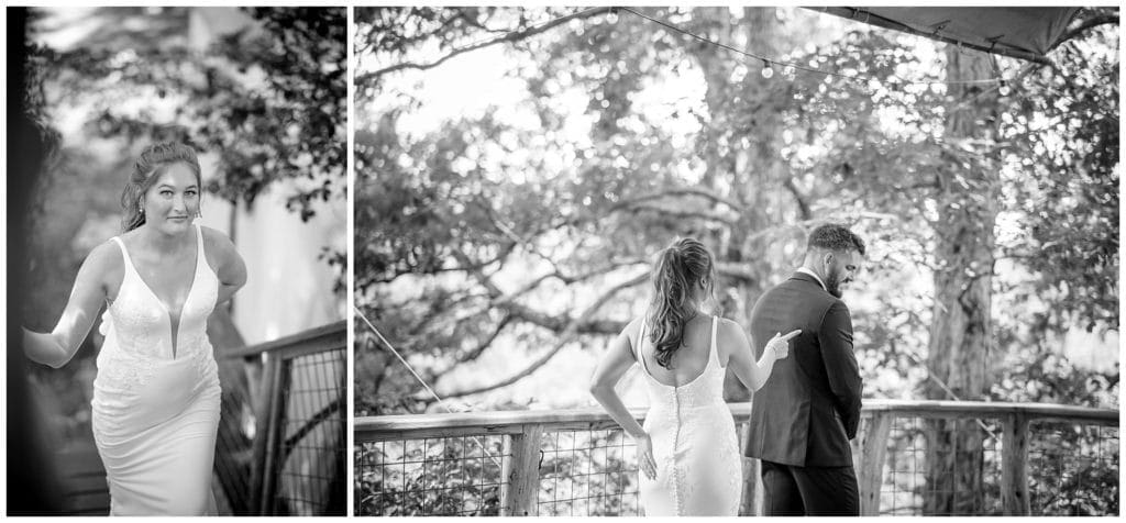 bride and groom first look  in black and white photos