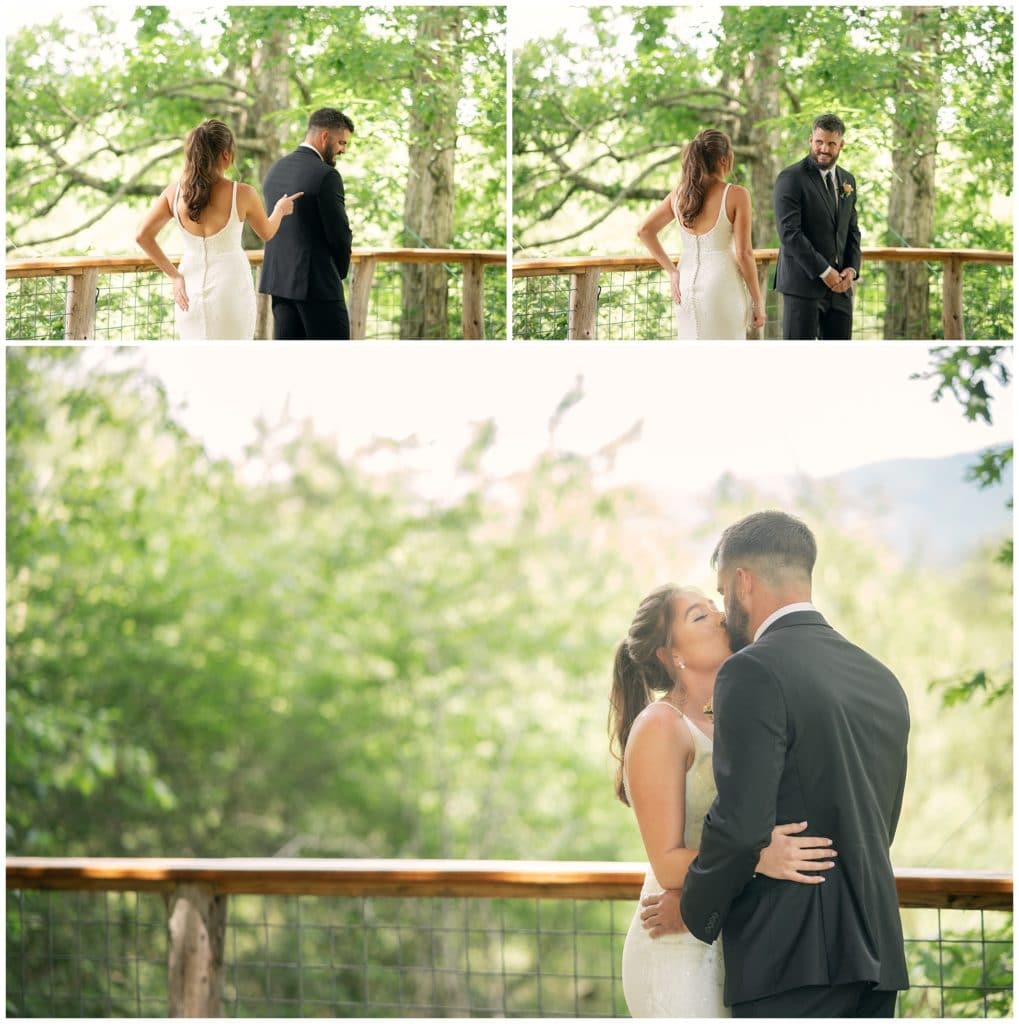 first look in treehouse at this spring wedding at sping wedding at Junebug Retro resort