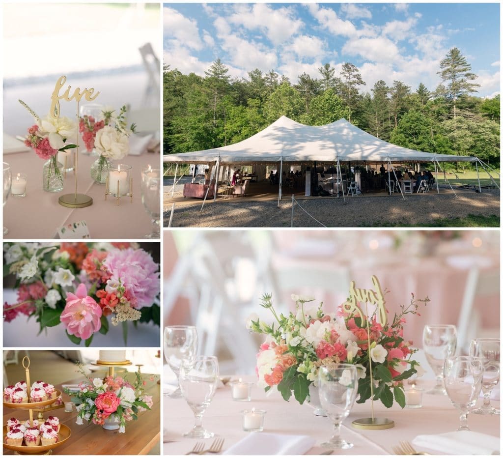 Gorgeous tent with elegant spring flowers and pink table clothes with gold accents for this spring wedding at Junebug Retro Resort
