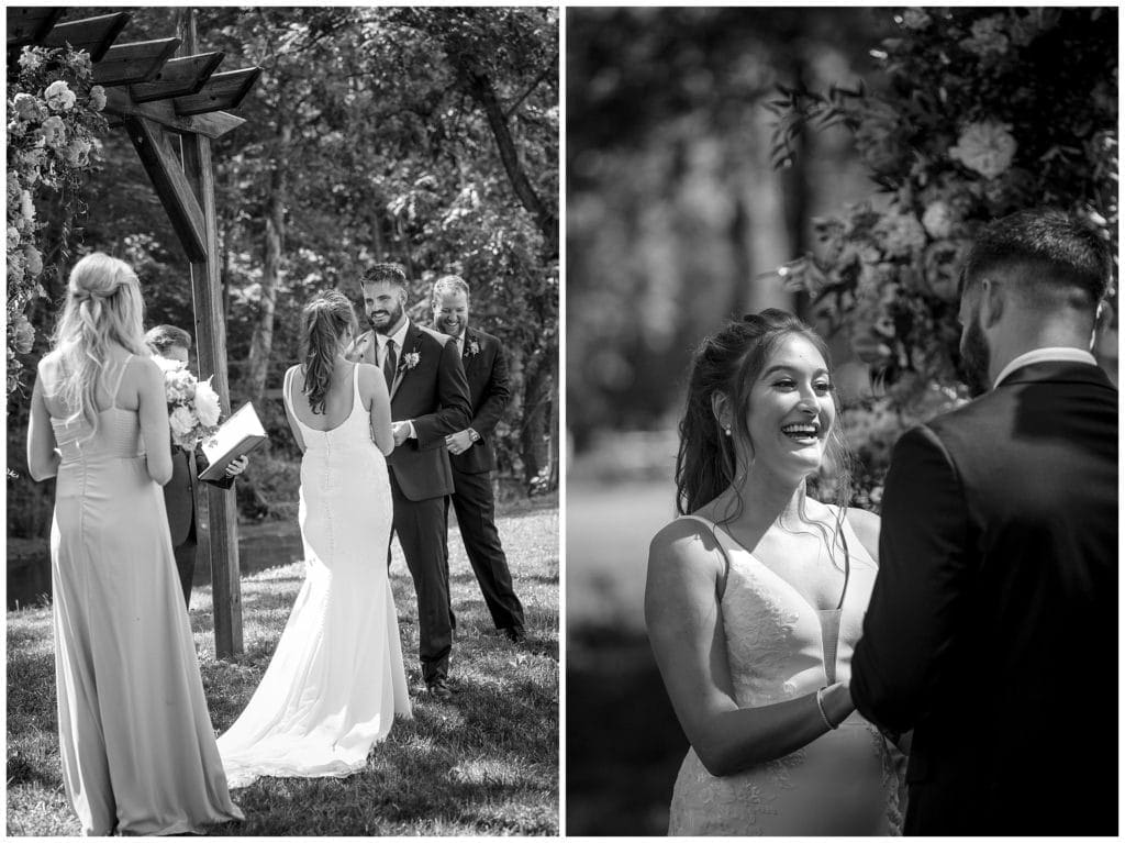 Bride and groom laugh during their spring wedding at Junebug Retro Resort just outside Asheville, NC.