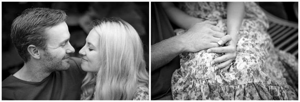 Close up of couple and their hands in a black and white photo.  