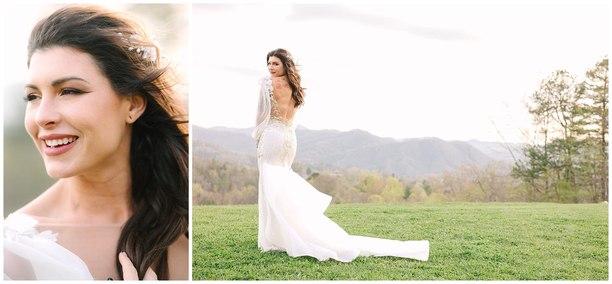 Custom bridal gown with sleeves, open back and long train by Angela Kim Couture. Captured at The Ridge in Asheville by Kathy Beaver Photography, a North Carolina Wedding Photographer.