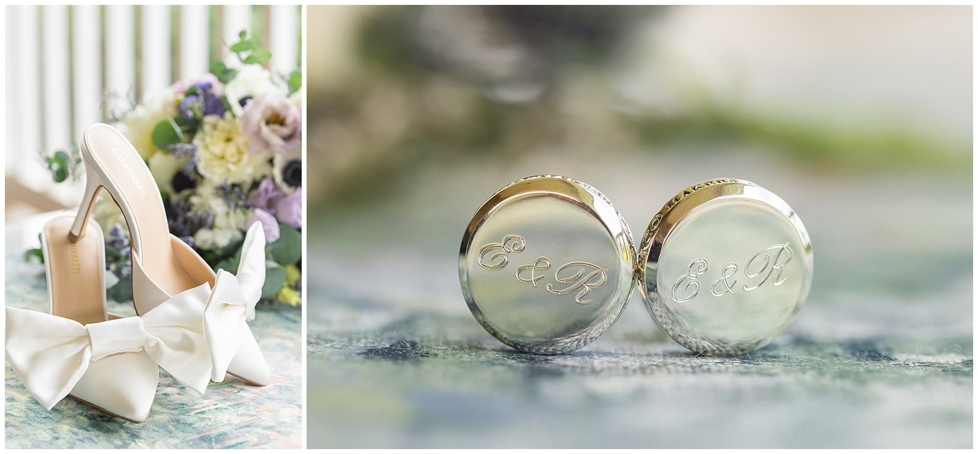 Brides shoes and grooms monogrammed cuff links with their initials