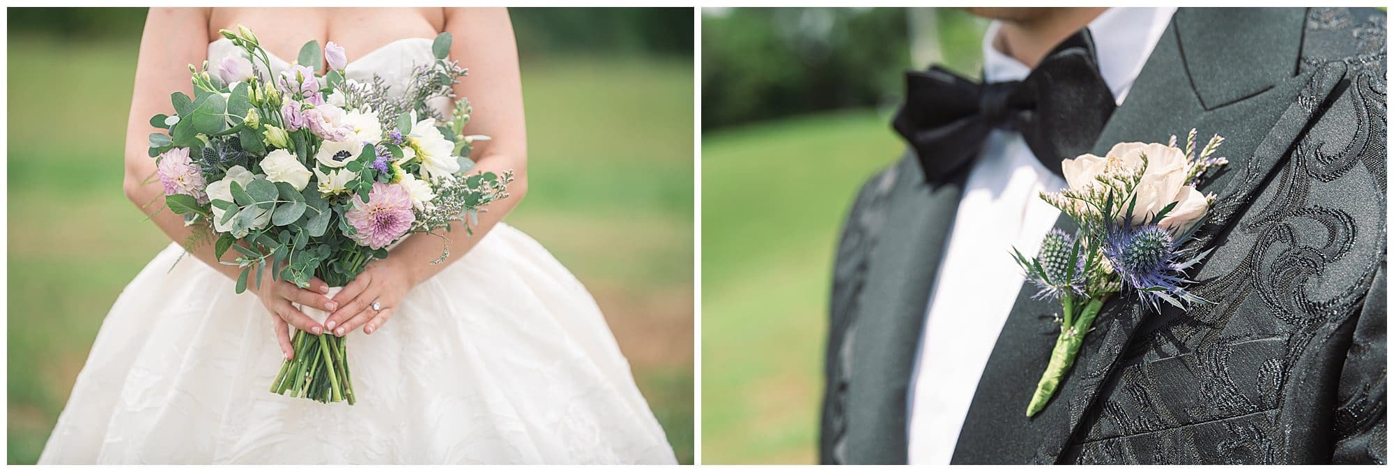 Close up photos of Bride's bouquet and groom's boutonierre