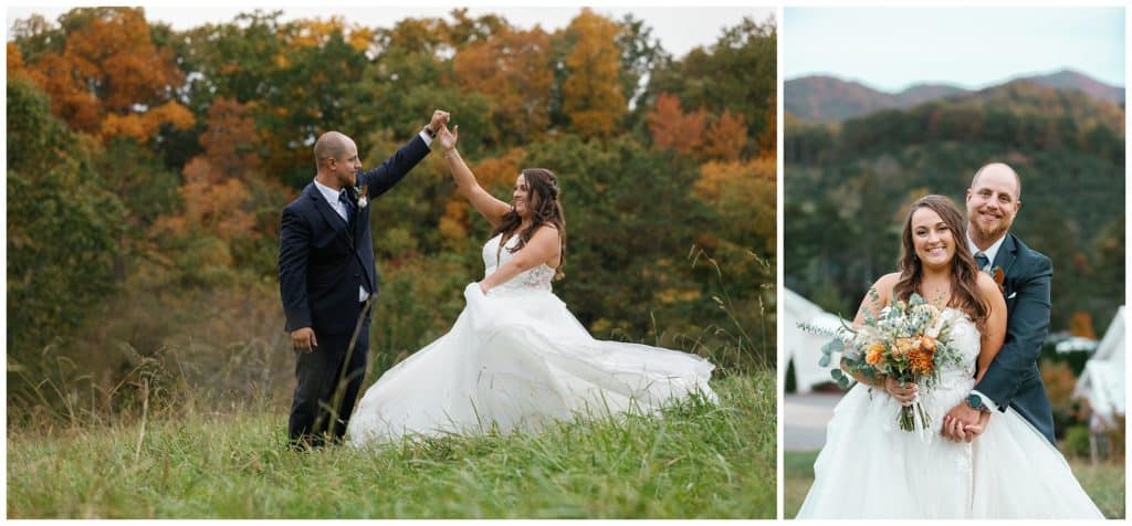 bride and groom portraits outside for fall wedding